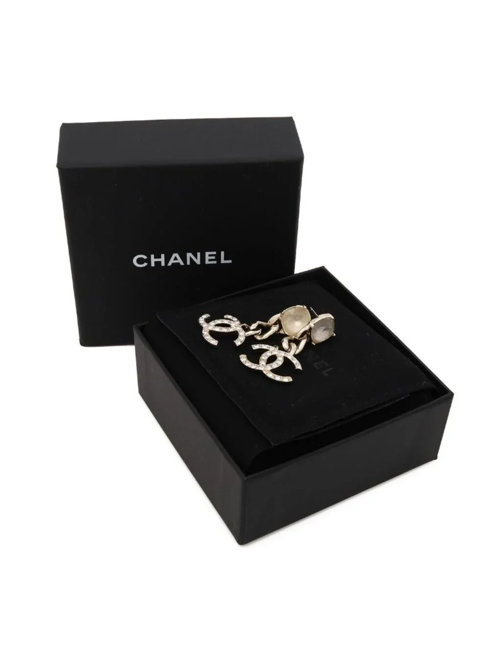 Chanel CC Logo Chain Swing Earrings Crystal Rhinestone Gold